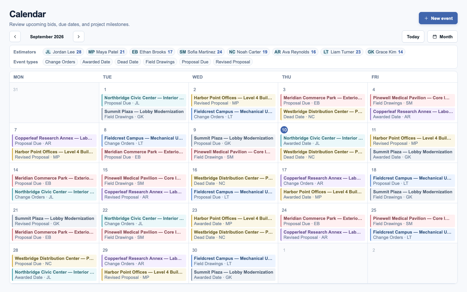 Stellar month-view bid calendar populated with synthetic construction projects and estimator filters.