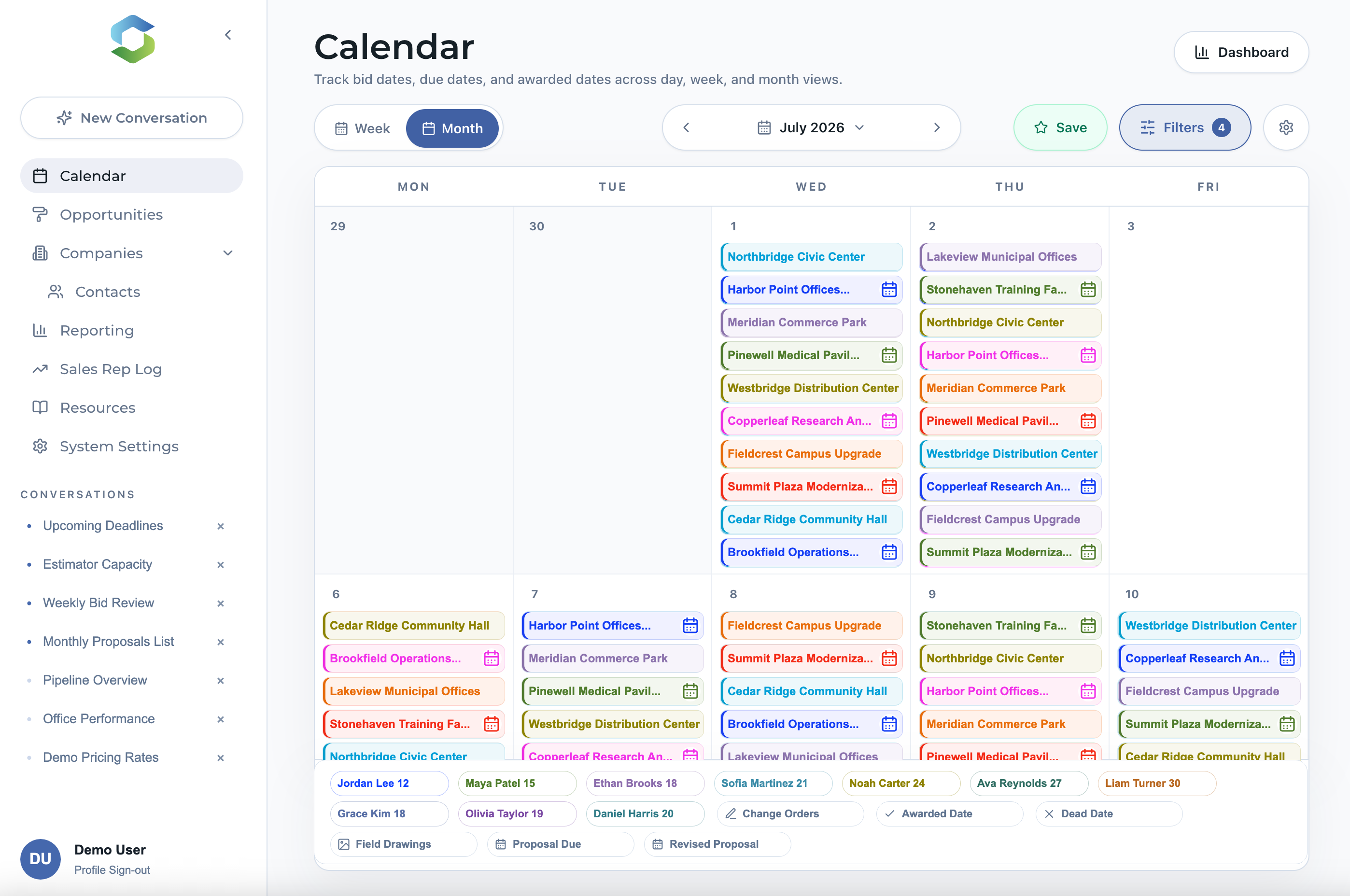 Stellar month-view bid calendar populated with synthetic construction projects and estimator filters.