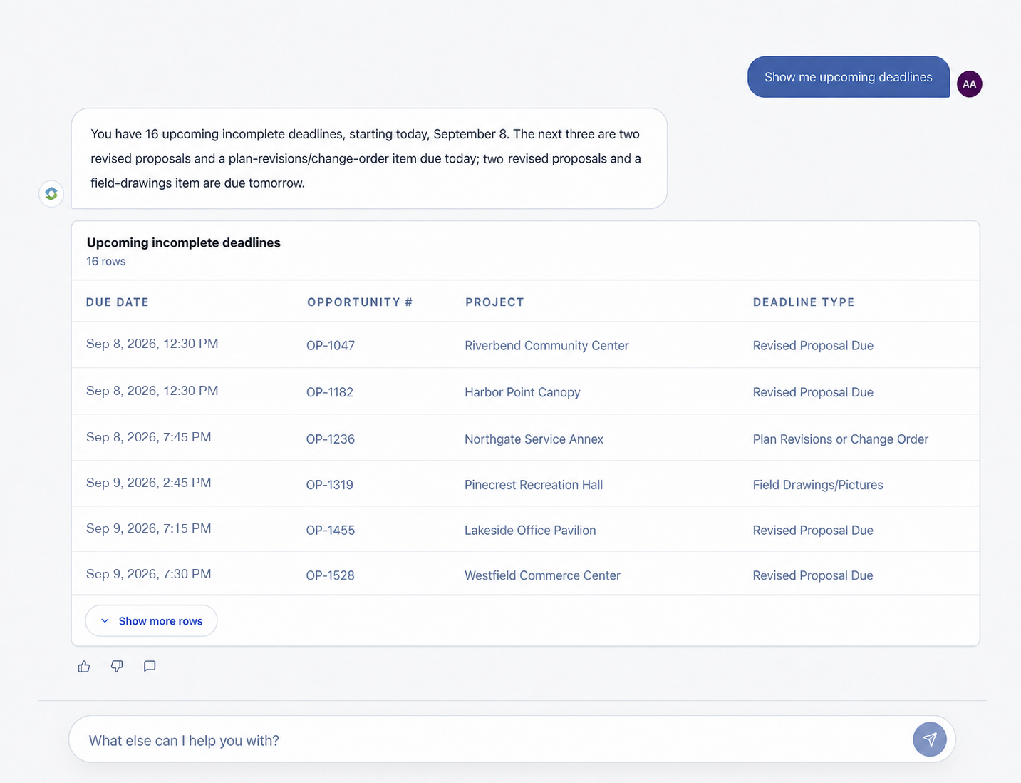 Stellar AI conversation returning a synthetic table of upcoming project deadlines.