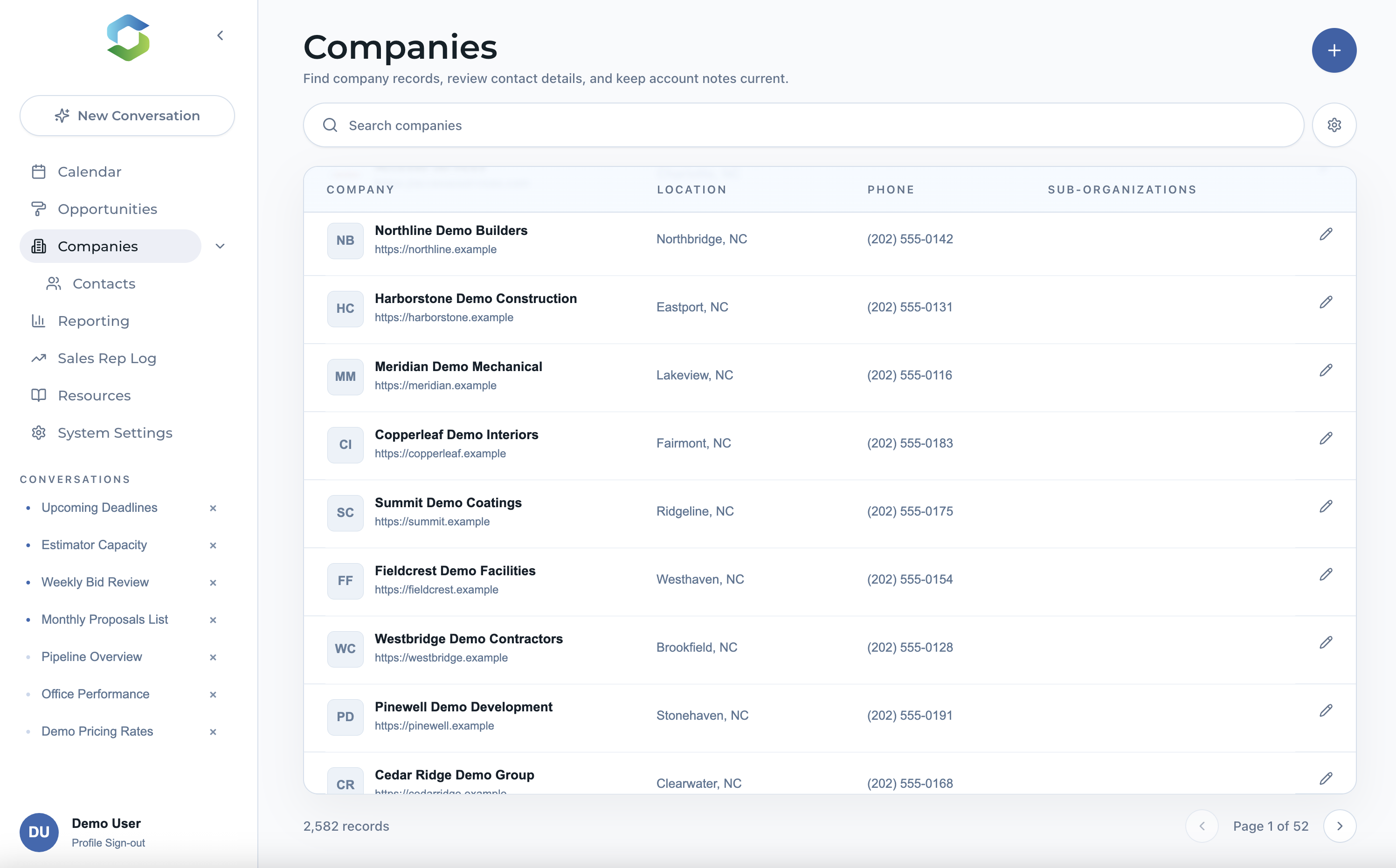 Stellar companies view populated with fictional demo organizations.