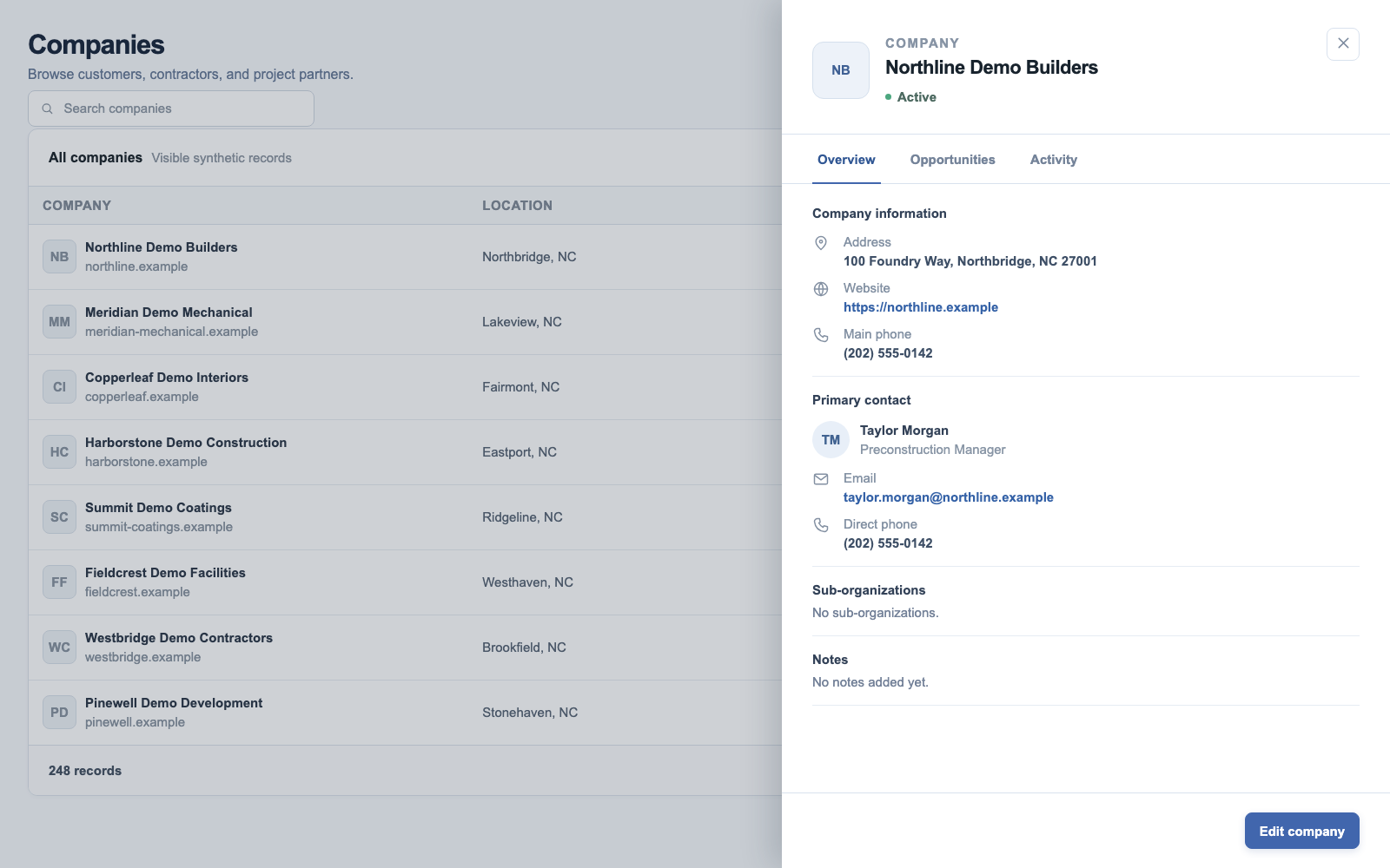 Stellar company record showing fictional organization details and a connected contact.