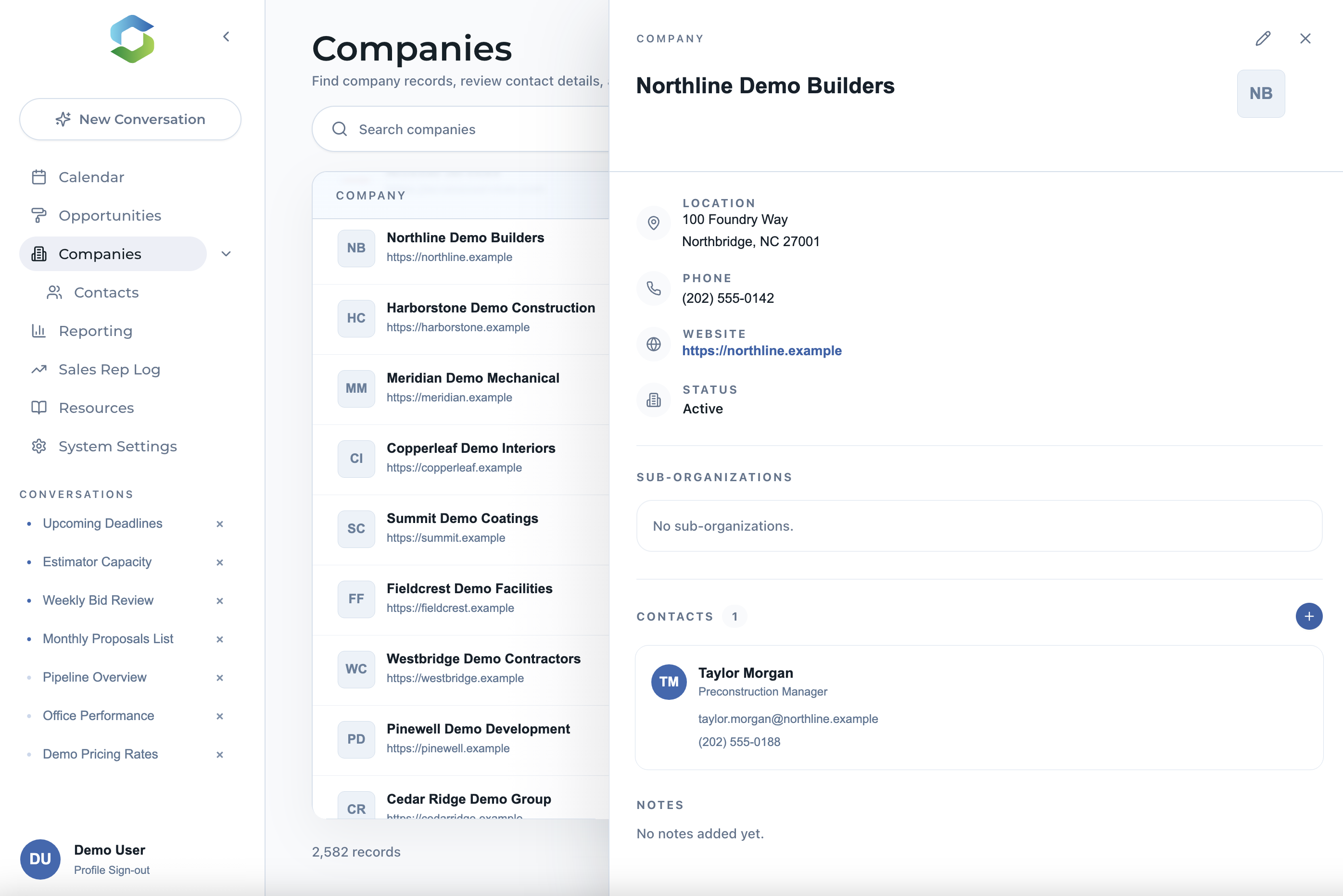 Stellar company record showing fictional organization details and a connected contact.
