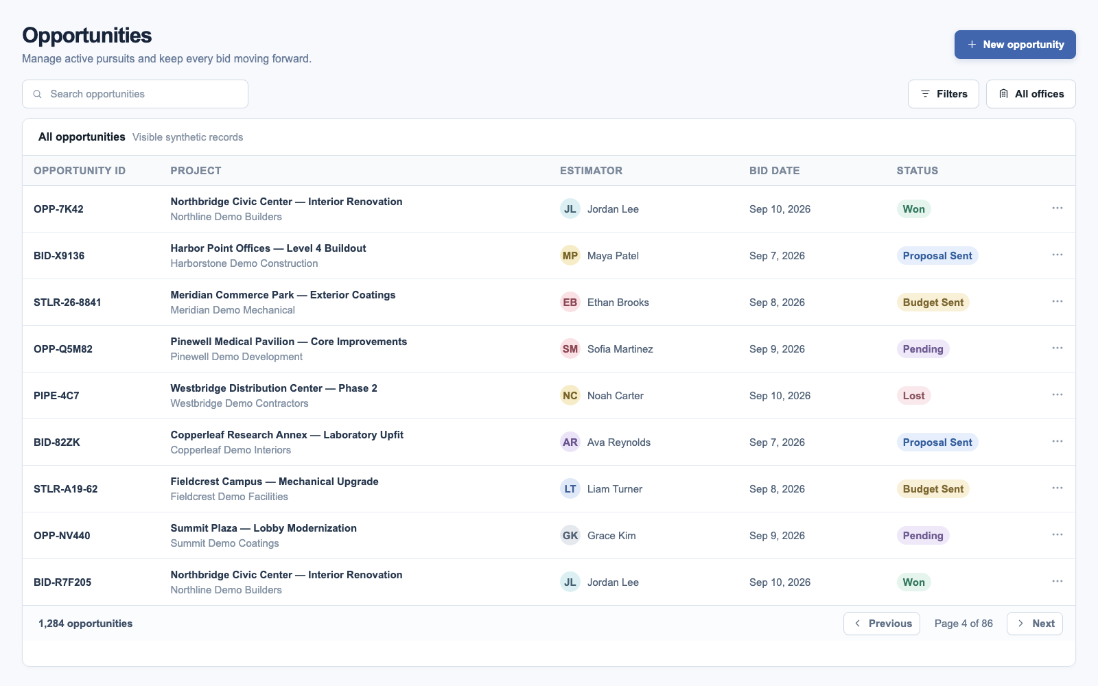 Stellar opportunities view showing synthetic construction projects, estimators, and bid statuses.