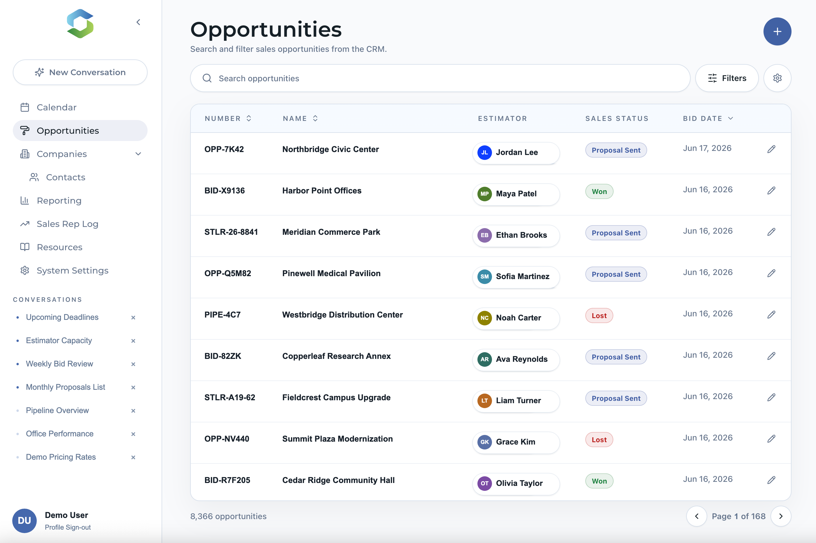 Stellar opportunities view showing synthetic construction projects, estimators, and bid statuses.
